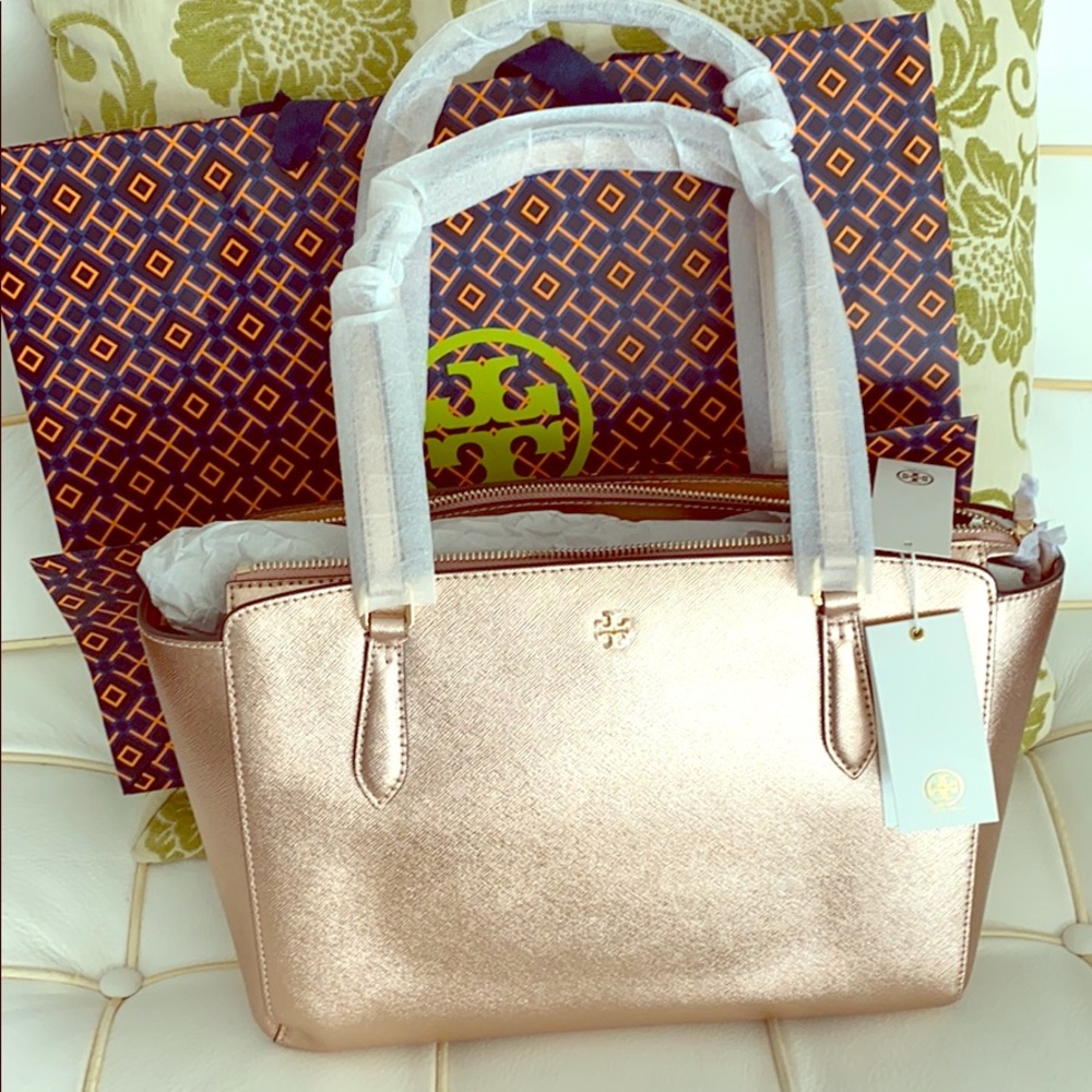 Rose Gold Tory Burch Emerson small top zip tote
